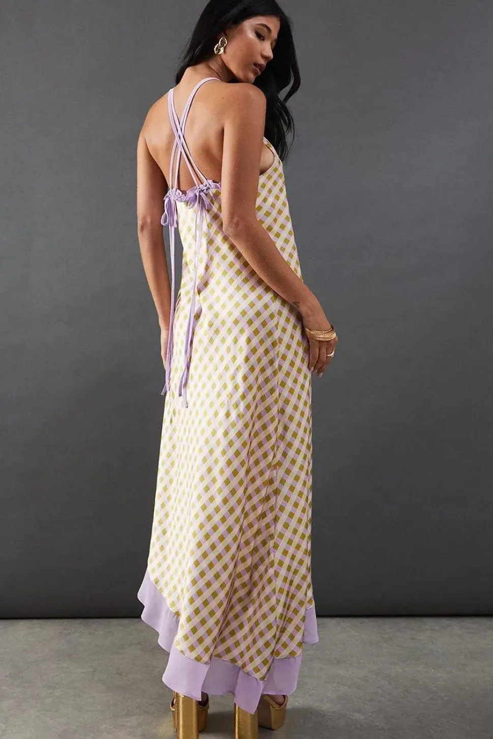 Check Satin Strappy Asymmetric Chiffon Insert Midi Dress