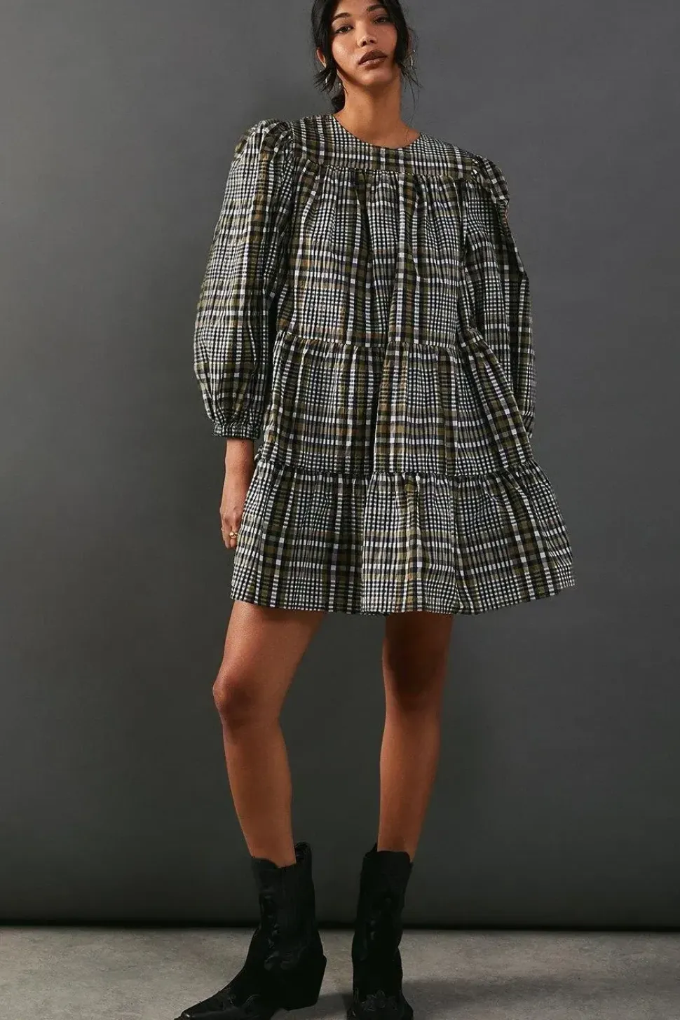 Check Smock Tiered Mini Dress