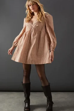 Check V Neck Volume Sleeve Mini Dress