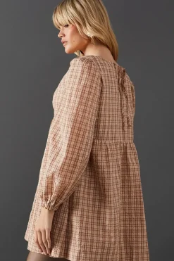 Check V Neck Volume Sleeve Mini Dress
