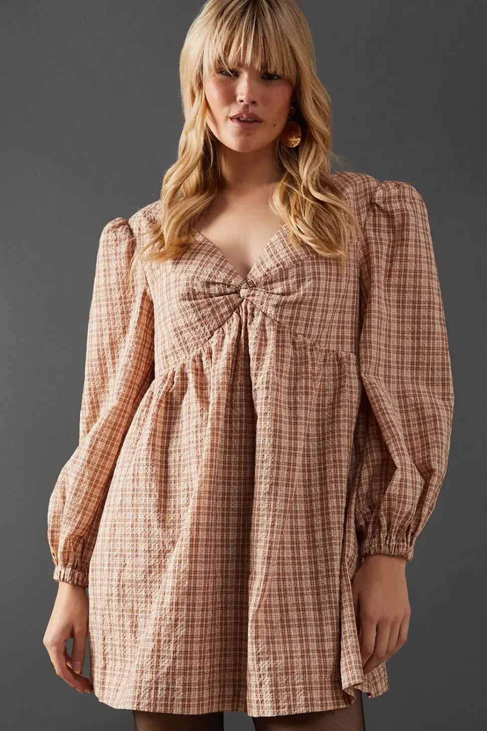Check V Neck Volume Sleeve Mini Dress