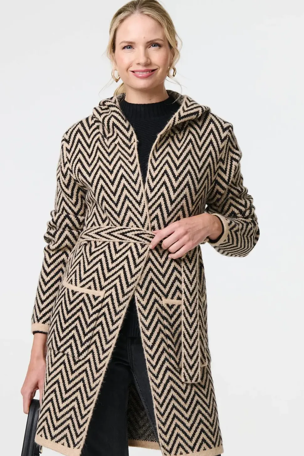 Chevron Print Tie Waist Hooded Coatigan