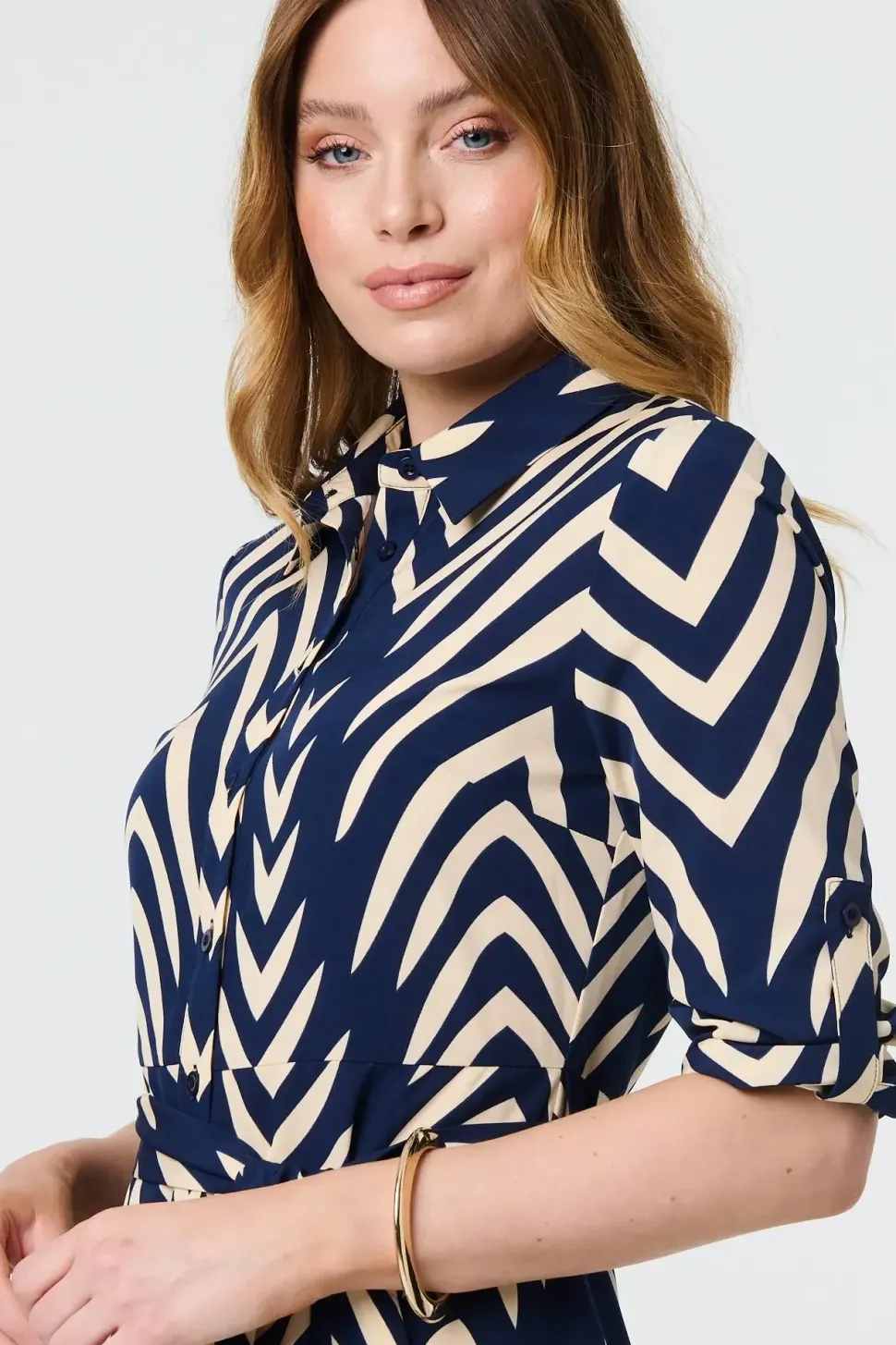 Chevron Print Tie Waist Shirt Midi Dress
