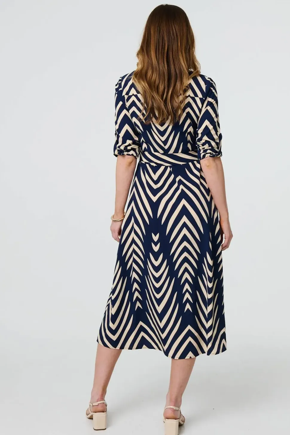 Chevron Print Tie Waist Shirt Midi Dress