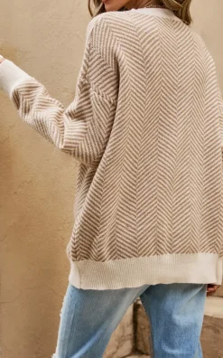 Chic Geometric Intarsia Knit Jumper Top In Beige & Taupe