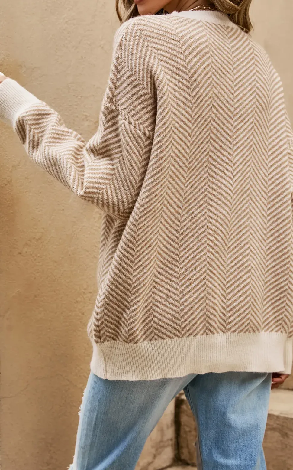 Chic Geometric Intarsia Knit Jumper Top In Beige & Taupe