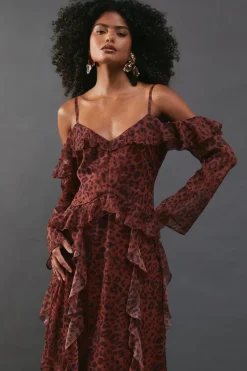 Chiffon Animal Print Cold Shoulder Ruffle Detail Maxi Dress