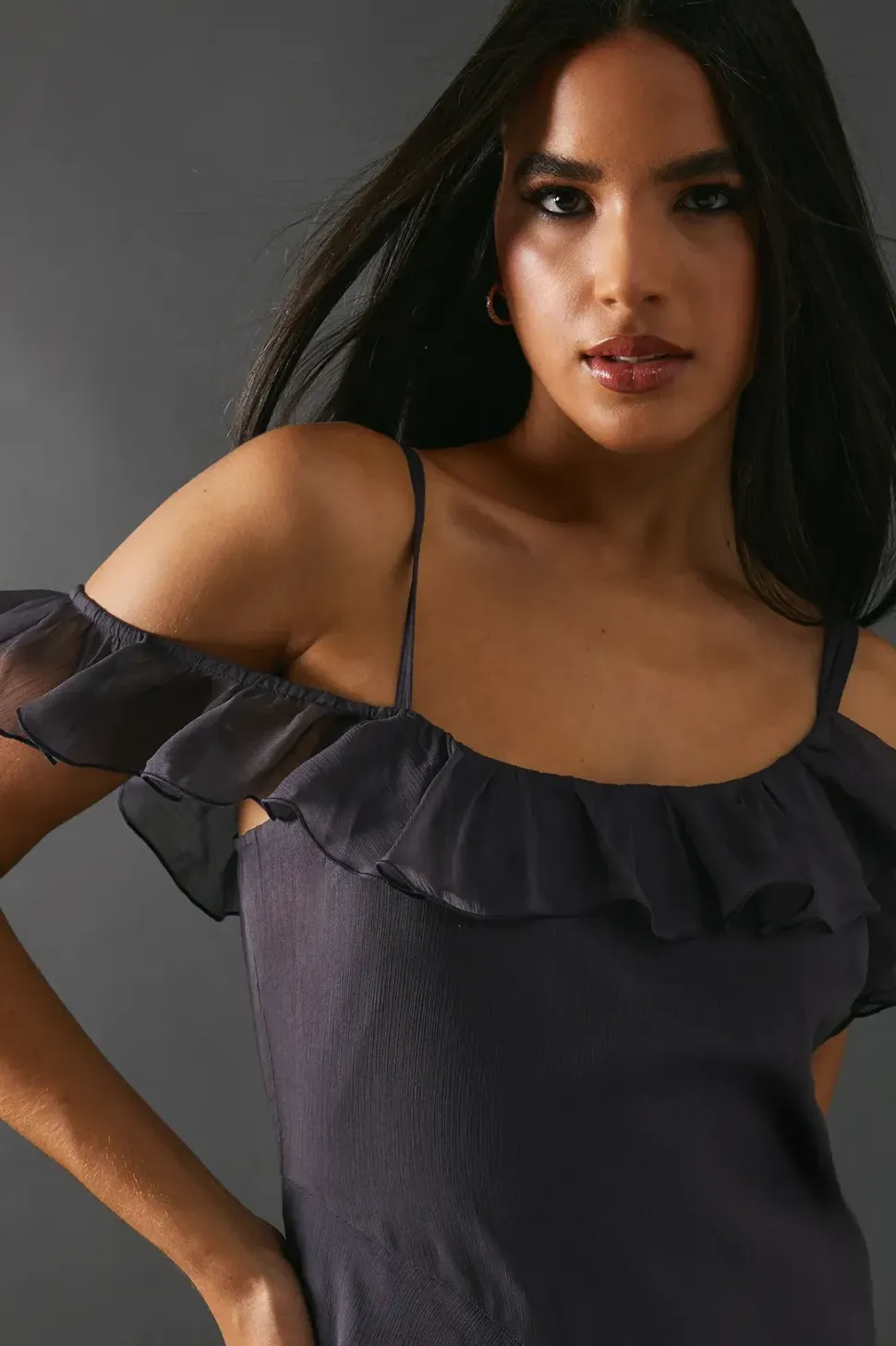 Chiffon Asymmetric Hem Bias Ruffle Strappy Midaxi Dress