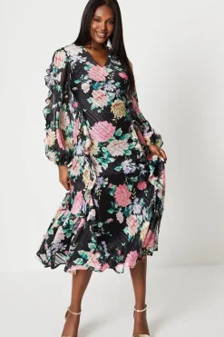 Chiffon Blouson Midi Dress With Ruffles