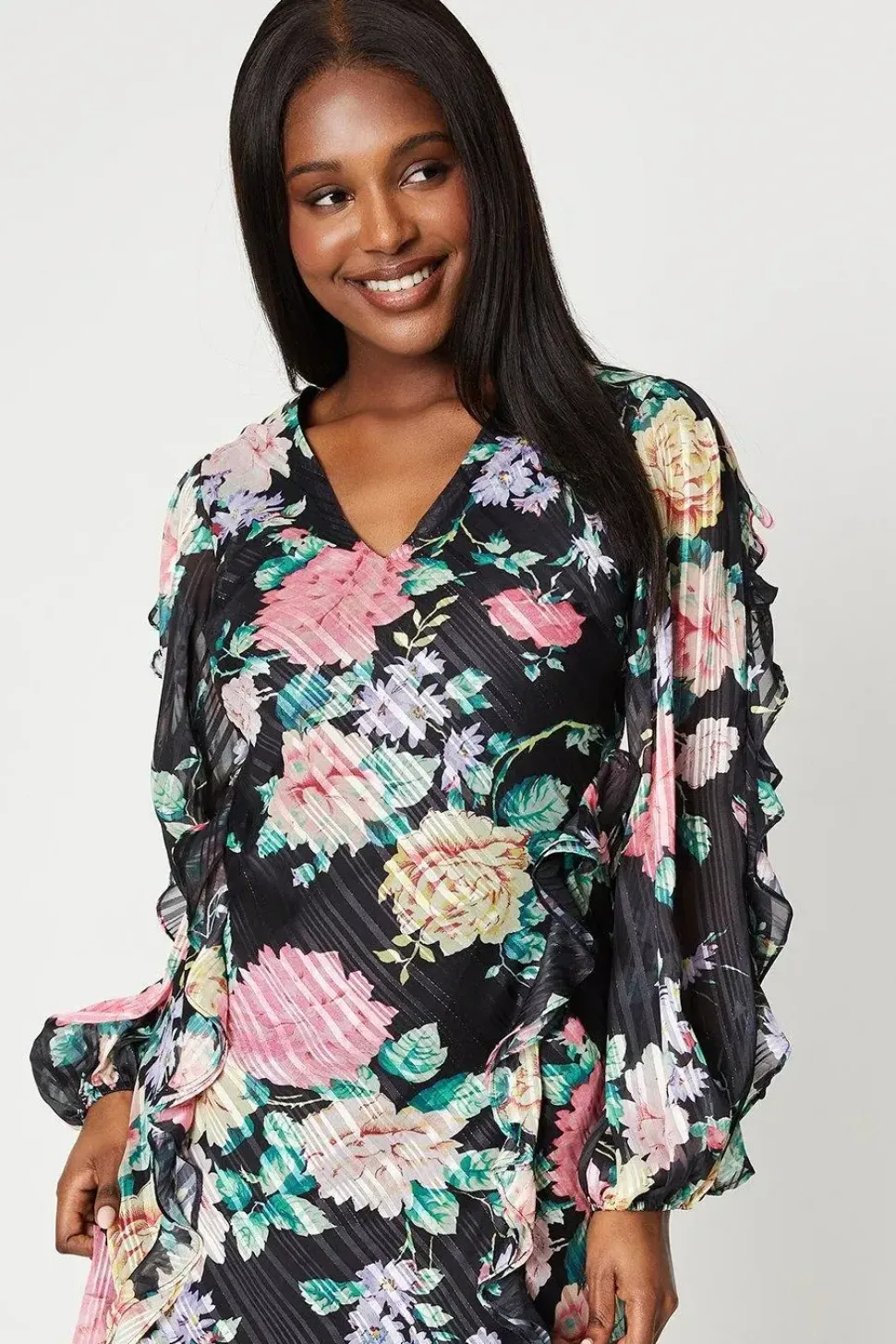 Chiffon Blouson Midi Dress With Ruffles