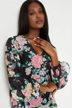 Chiffon Blouson Midi Dress With Ruffles
