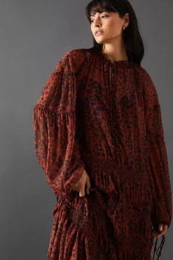 Chiffon Button Tier Smock Midi Dress