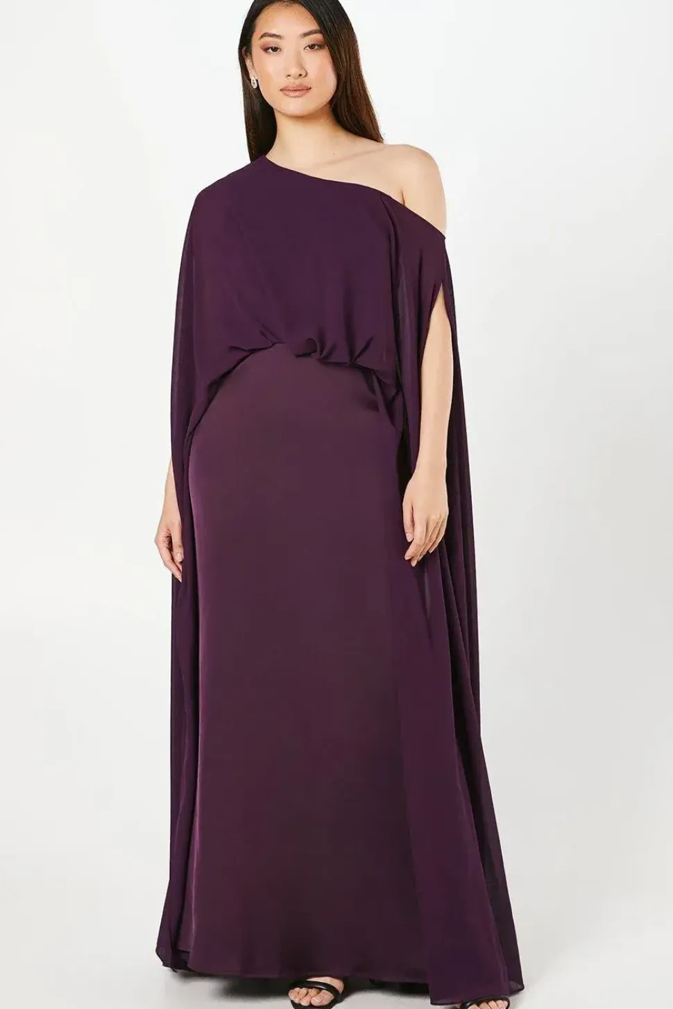 Chiffon Cape Detail Satin Maxi Dress