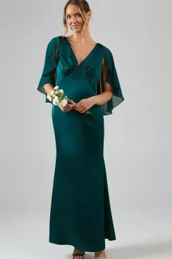 Chiffon Cape Detail Tie Back Satin Bridesmaid Dress