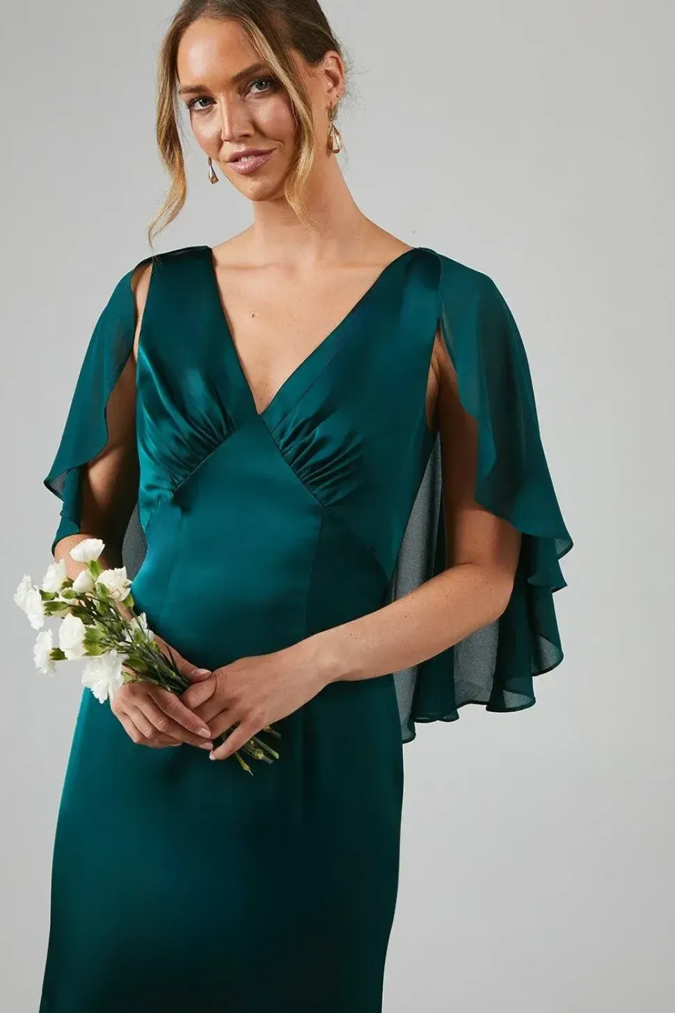 Chiffon Cape Detail Tie Back Satin Bridesmaid Dress