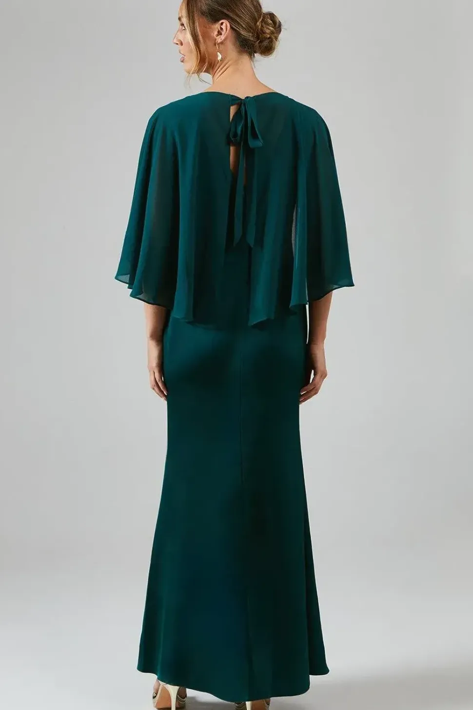 Chiffon Cape Detail Tie Back Satin Bridesmaid Dress