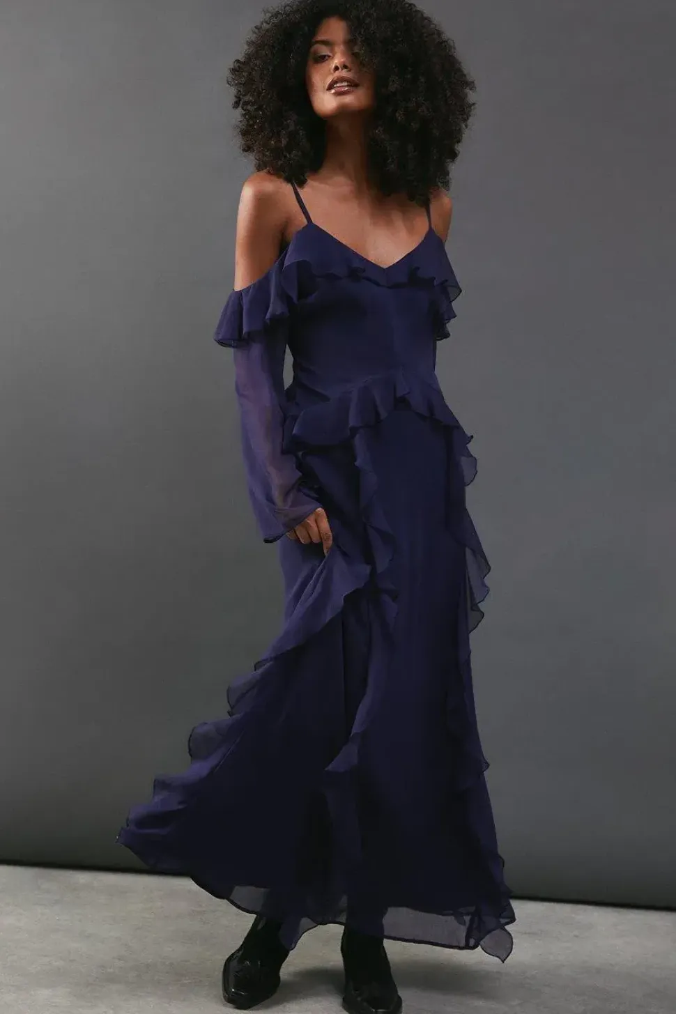 Chiffon Cold Shoulder Ruffle Detail Maxi Dress