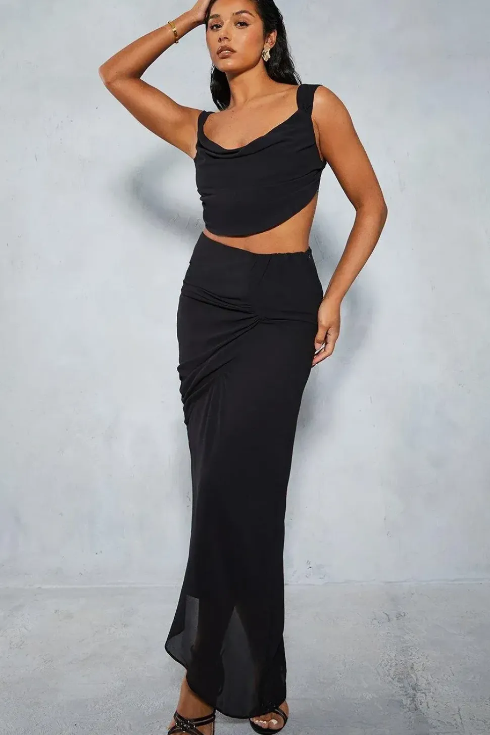Chiffon Drape Top & Ruched Maxi Skirt Co-ord