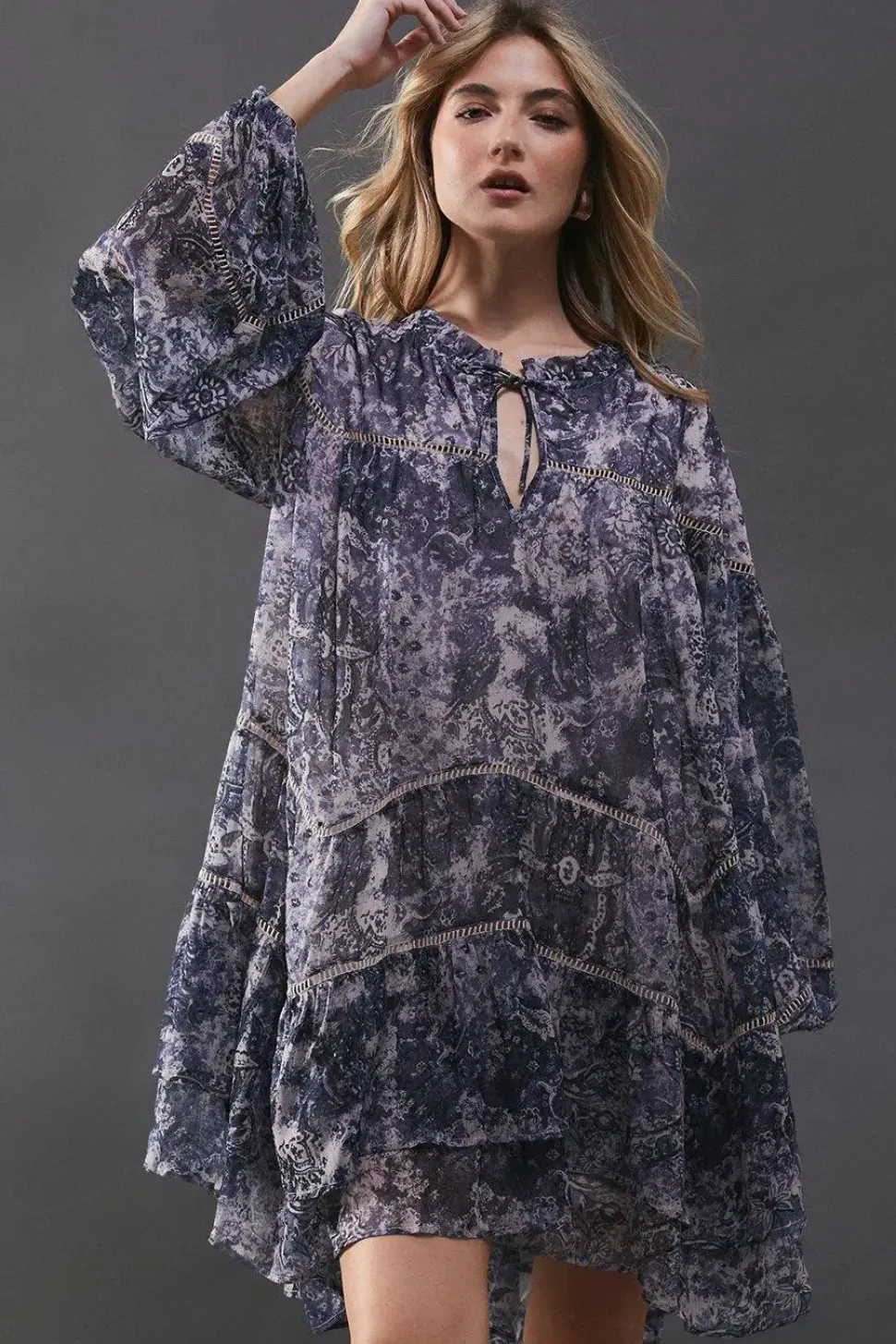 Chiffon Faded Paisley Ladder Insert Ruffle Smock Mini Dress