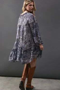 Chiffon Faded Paisley Ladder Insert Ruffle Smock Mini Dress