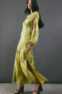Chiffon Feather Print Volume Sleeve Maxi Dress