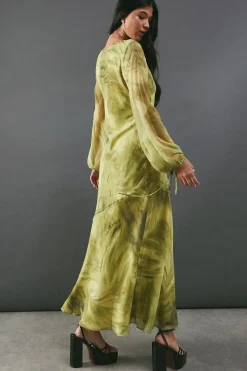 Chiffon Feather Print Volume Sleeve Maxi Dress