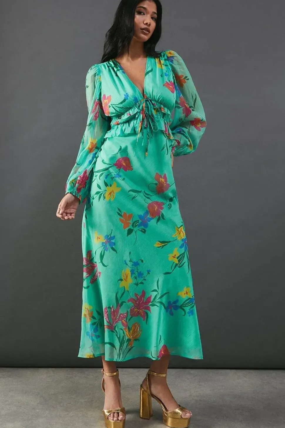 Chiffon Floral Ruffle Midi Tea Dress