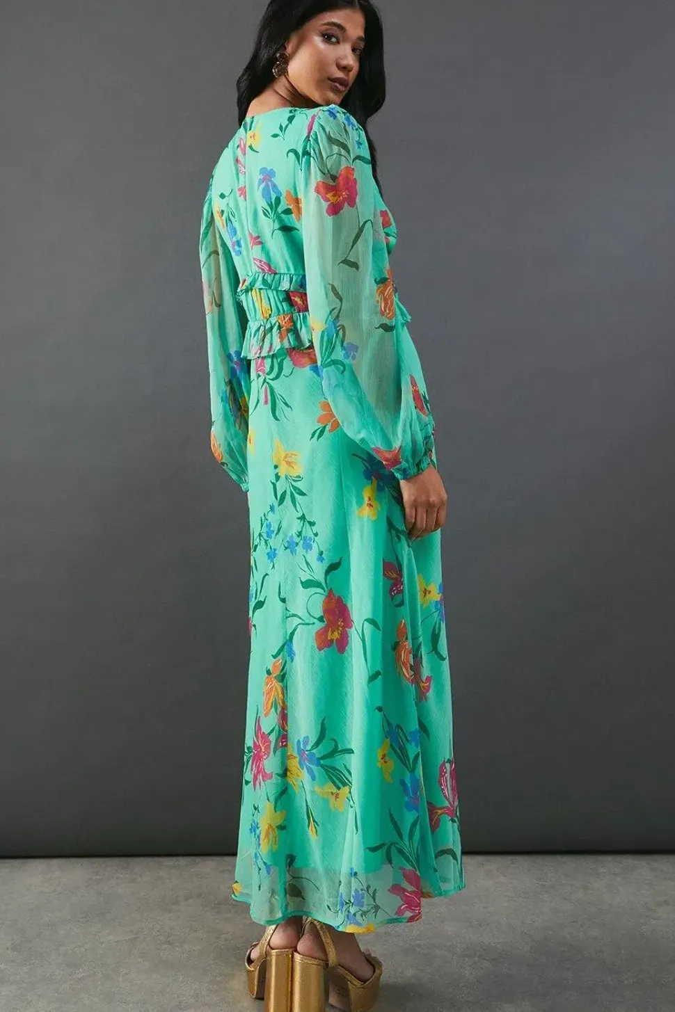 Chiffon Floral Ruffle Midi Tea Dress