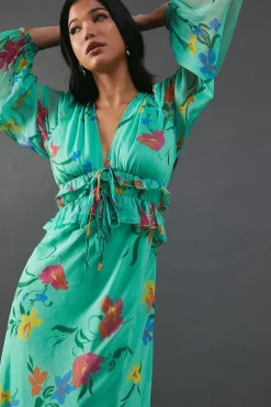 Chiffon Floral Ruffle Midi Tea Dress