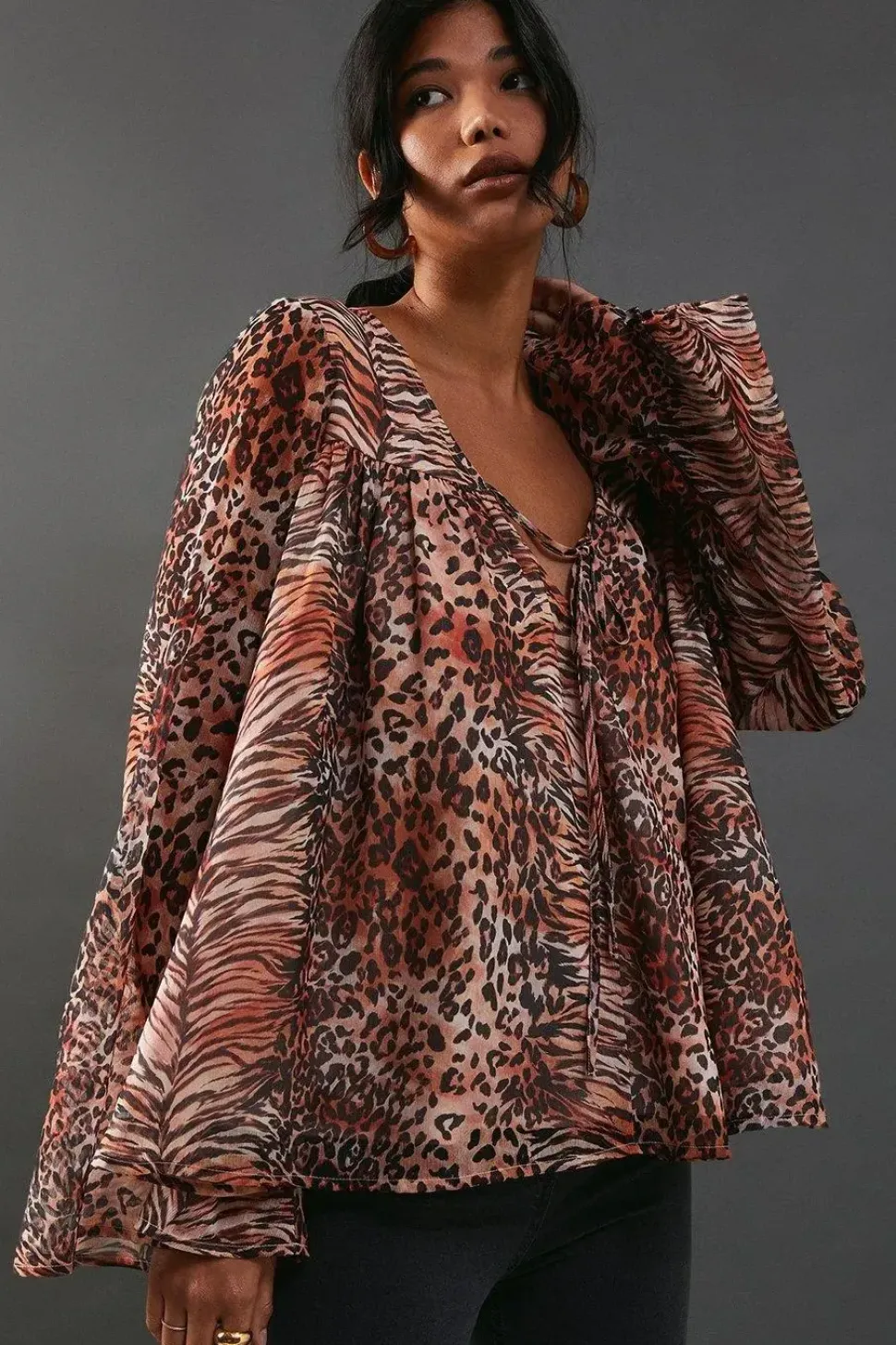 Chiffon Flounce Volume Sleeve Smock Top