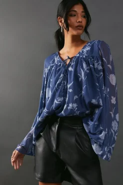 Chiffon Flounce Volume Sleeve Smock Top