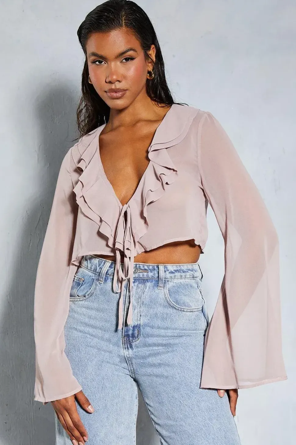 Chiffon Frill Layered Flute Sleeve Cropped Blouse