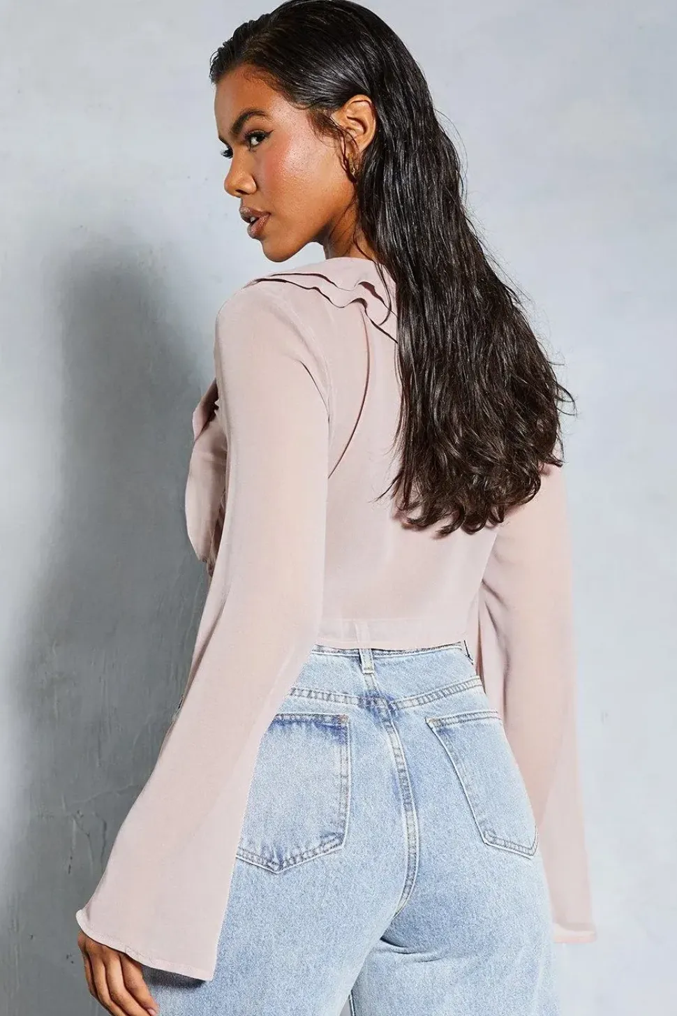 Chiffon Frill Layered Flute Sleeve Cropped Blouse