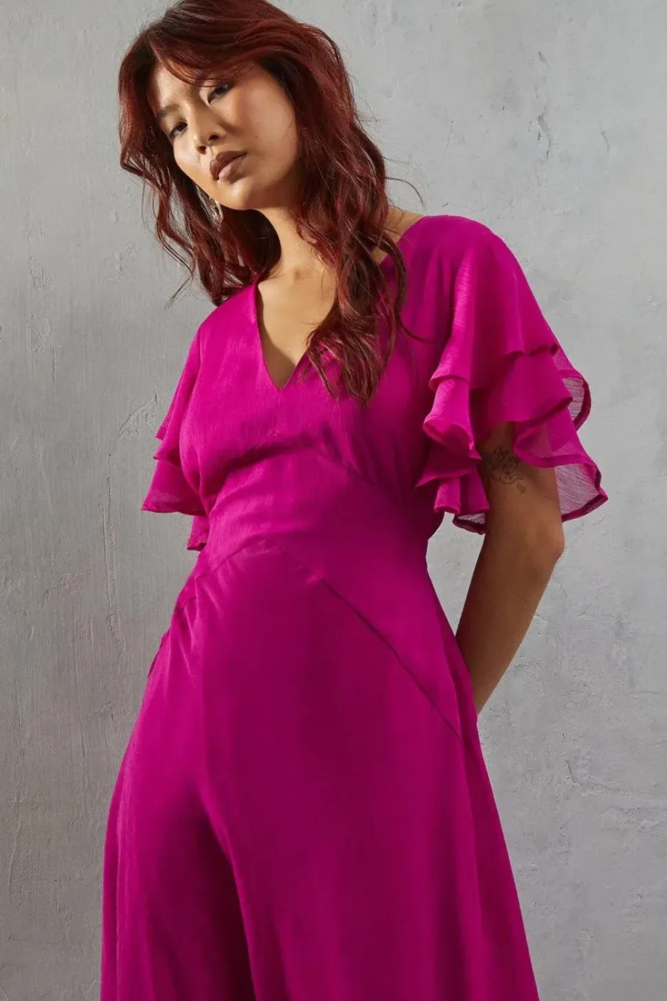 Chiffon Frill Sleeve Midi Tea Dress