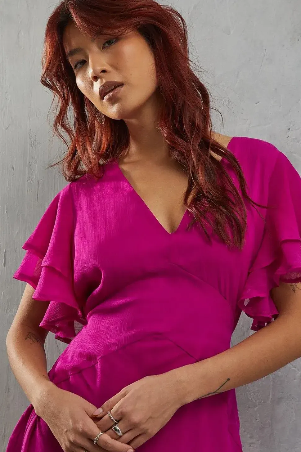 Chiffon Frill Sleeve Midi Tea Dress