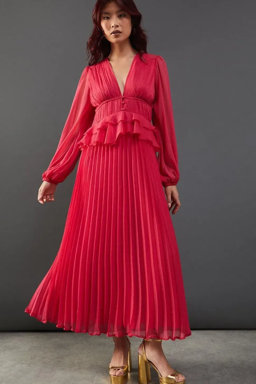 Chiffon Frill Waist Pleated Midaxi Dress
