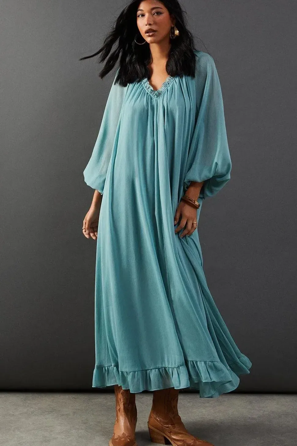 Chiffon Gathered Neck Trapeze Midi Dress