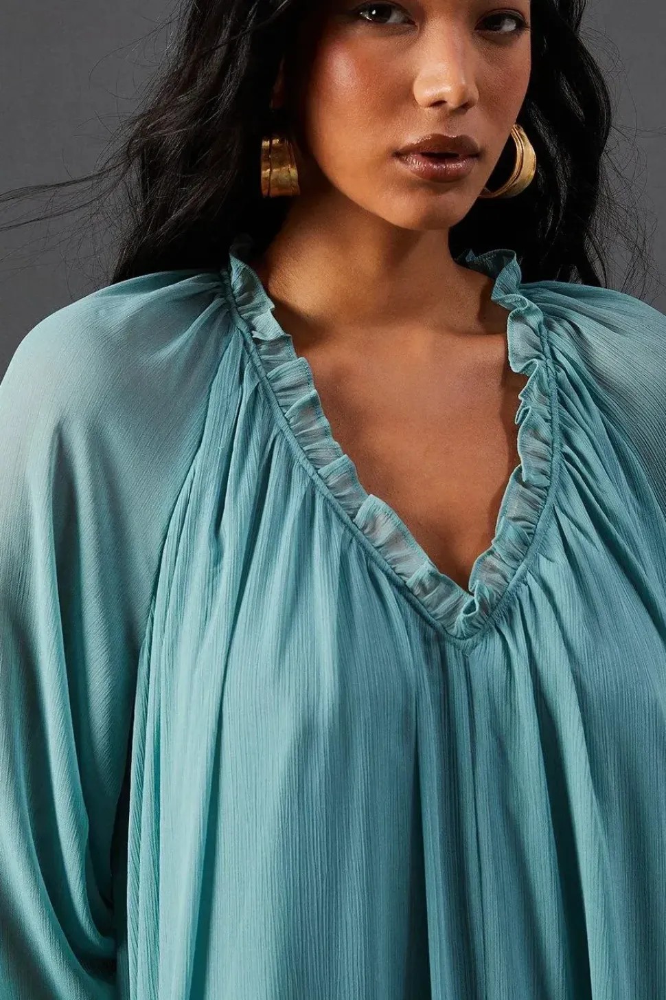Chiffon Gathered Neck Trapeze Midi Dress