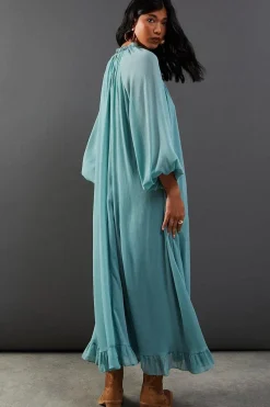 Chiffon Gathered Neck Trapeze Midi Dress