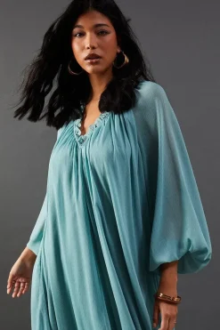 Chiffon Gathered Neck Trapeze Midi Dress