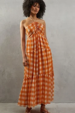 Chiffon Gingham Halter Ruched Bust Trim Midaxi Dress