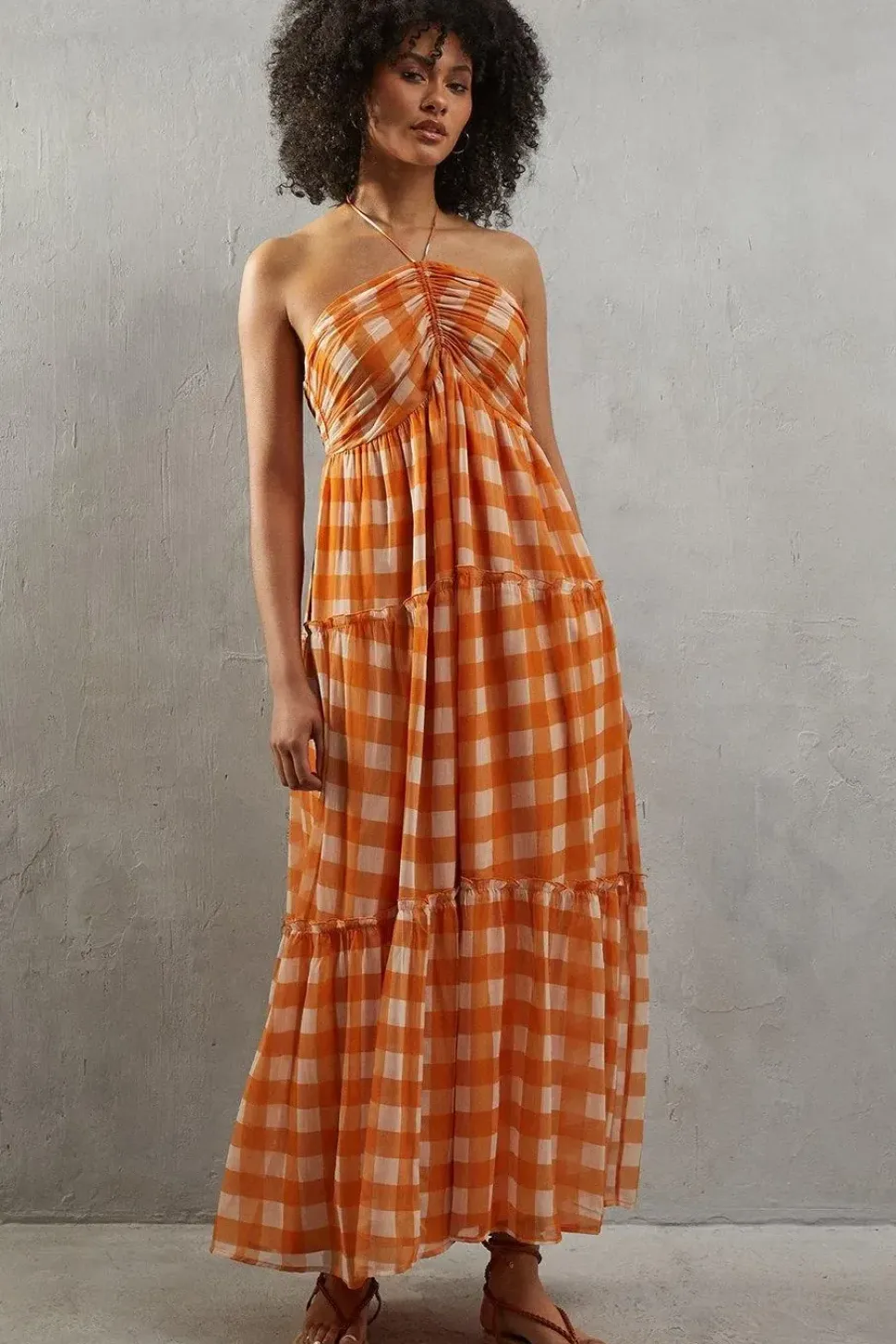 Chiffon Gingham Halter Ruched Bust Trim Midaxi Dress