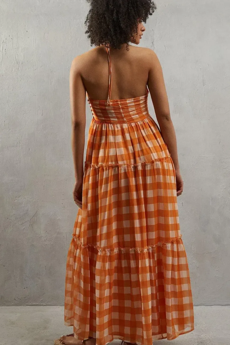 Chiffon Gingham Halter Ruched Bust Trim Midaxi Dress