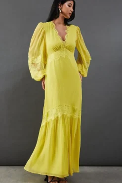 Chiffon Lace Insert Plunge Neck Maxi Dress