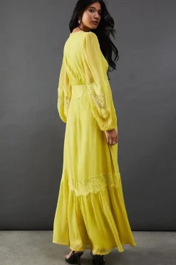 Chiffon Lace Insert Plunge Neck Maxi Dress