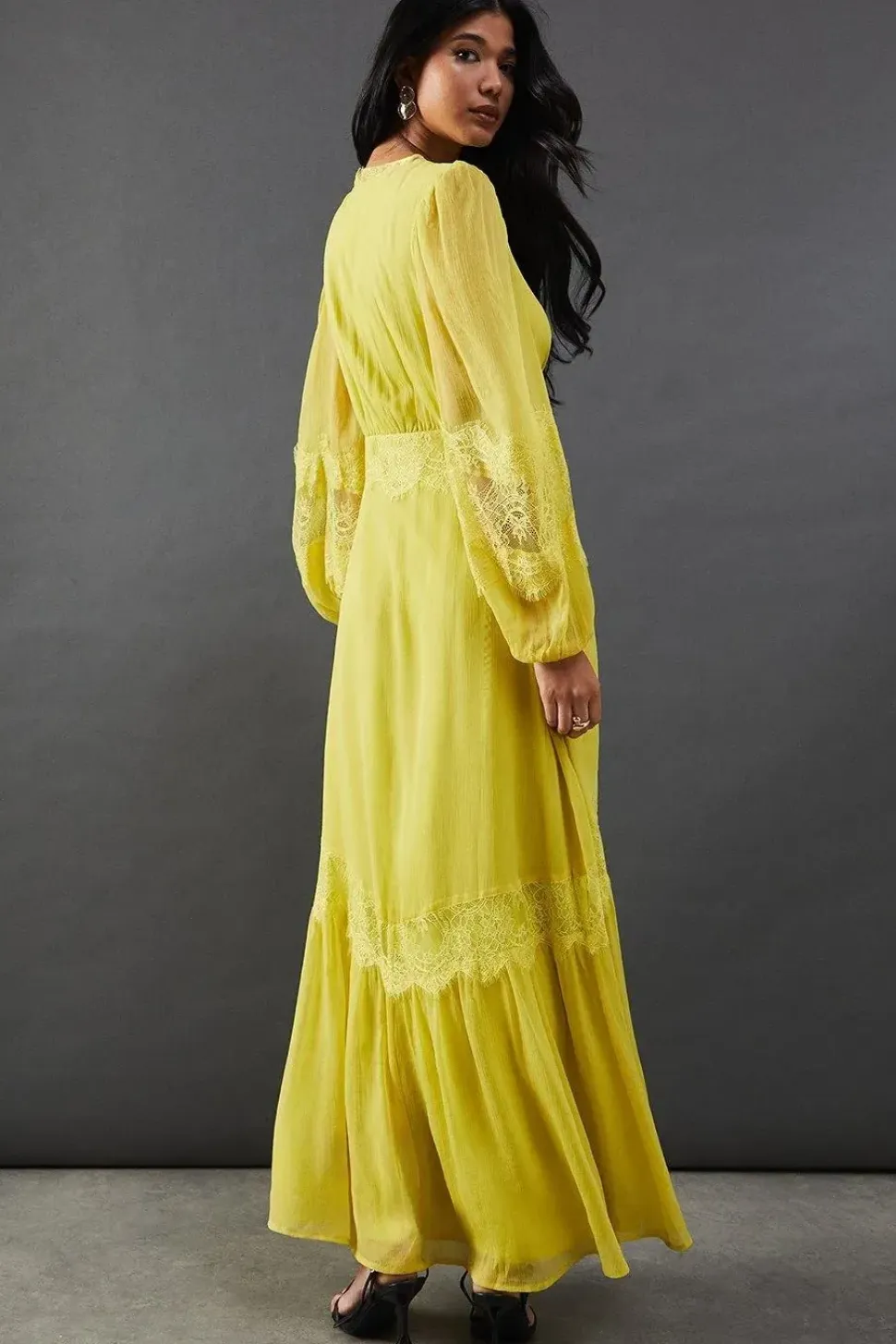 Chiffon Lace Insert Plunge Neck Maxi Dress