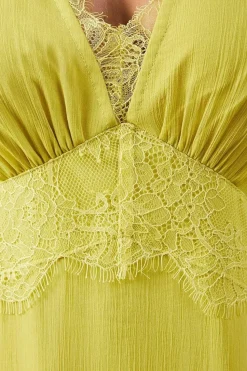 Chiffon Lace Insert Plunge Neck Maxi Dress