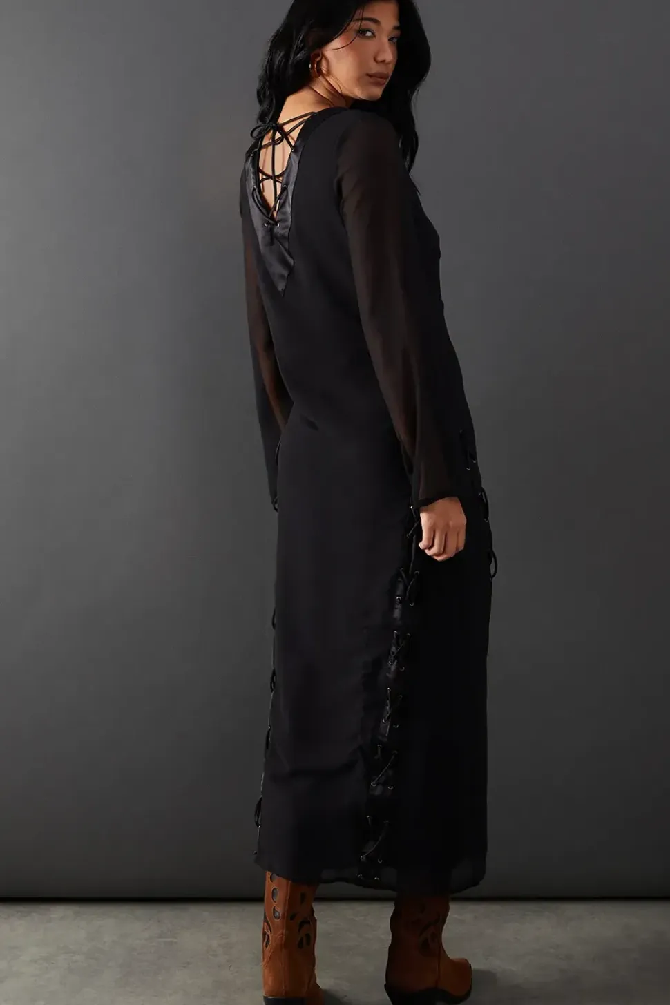 Chiffon Lace Up Panelling Midi Dress