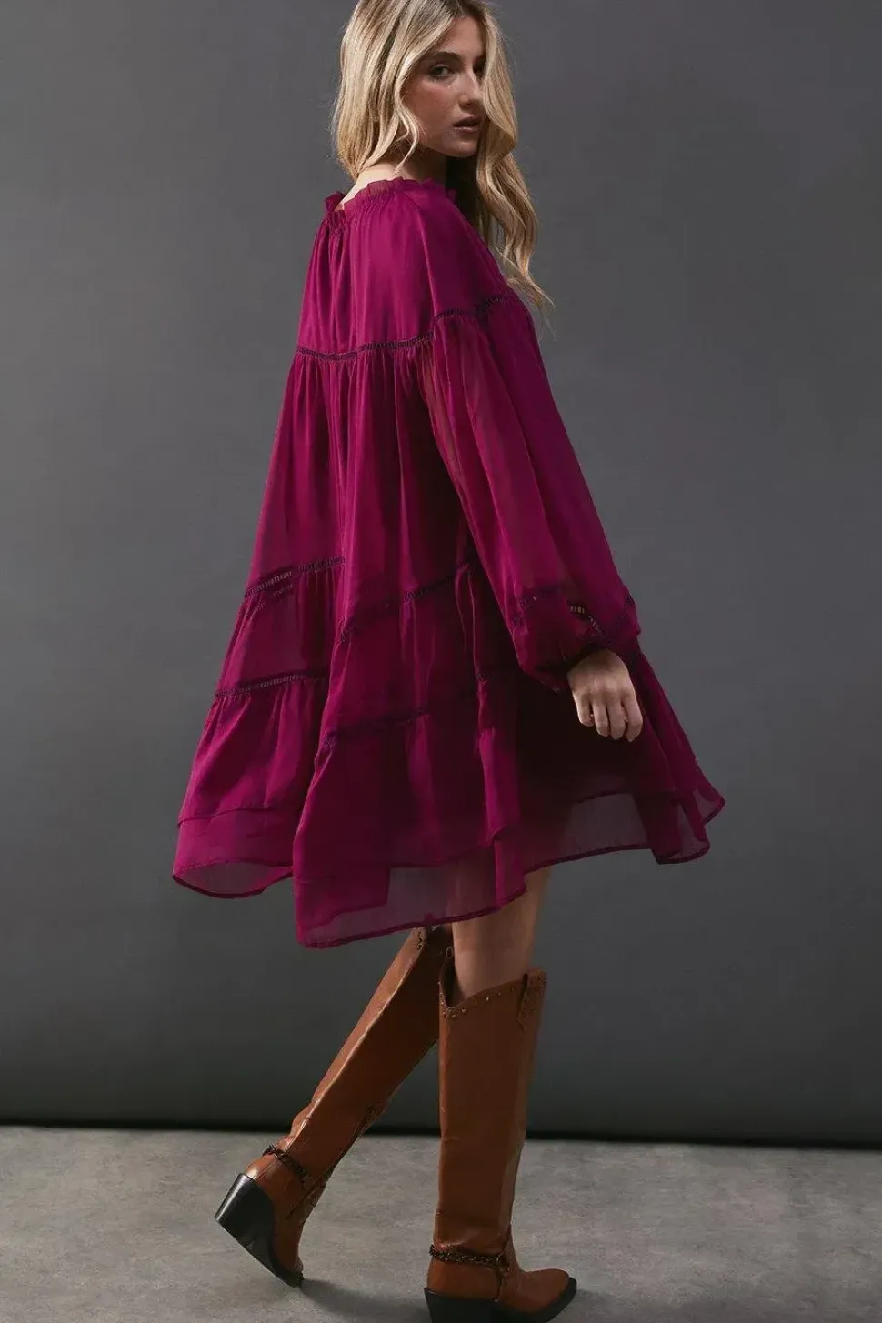 Chiffon Ladder Insert Ruffle Smock Mini Dress
