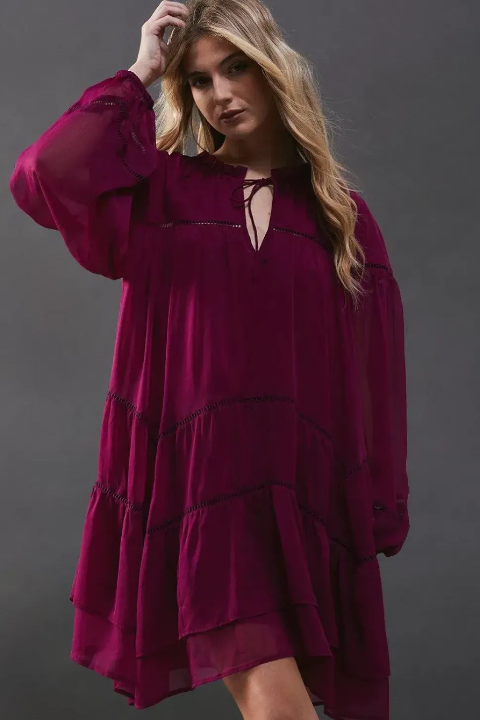 Chiffon Ladder Insert Ruffle Smock Mini Dress